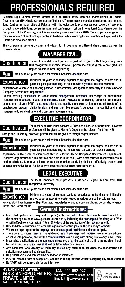 Pakistan Expo Centres Private Limited Jobs 2022 Latest  – www.pakexcel.com