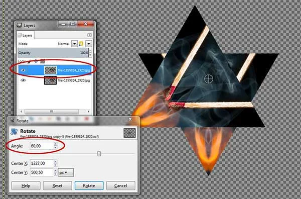 Use the Rotate Tool to rotate the duplicate layer by 60 degrees.