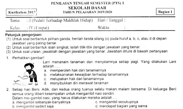 Kumpulan Soal Penilaian Tengah Semester (PTS) Ganjil Tema 3 Bagian 1 Kelas 4 SD Terbaru Tahun 2019/2020 Gratis