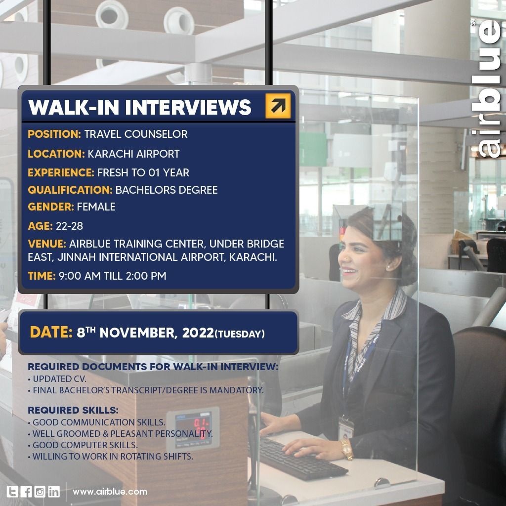 AirBlue Pakistan Jobs for Travel Counselor-Walk In Interview