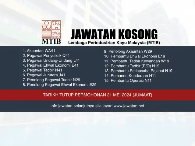 Jawatan Kosong Lembaga Perindustrian Kayu Malaysia (MTIB) Mei 2024