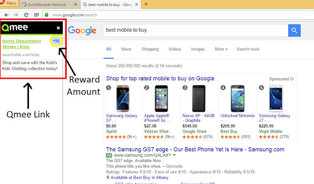 qmee cash links in google search. earn with search engines
