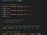 Contoh Script C++ untung menhitung luas dan keliling segitiga dengan menggunakan bahasa pemograman C++