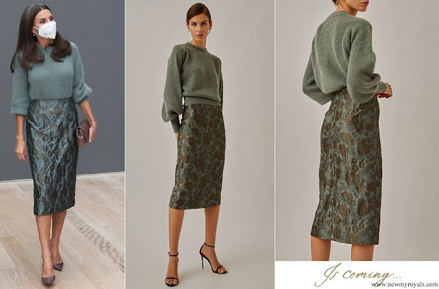 Queen Letizia wore Hoss Intropia Is Coming Brocade Pencil Skirt and Wool Sweater