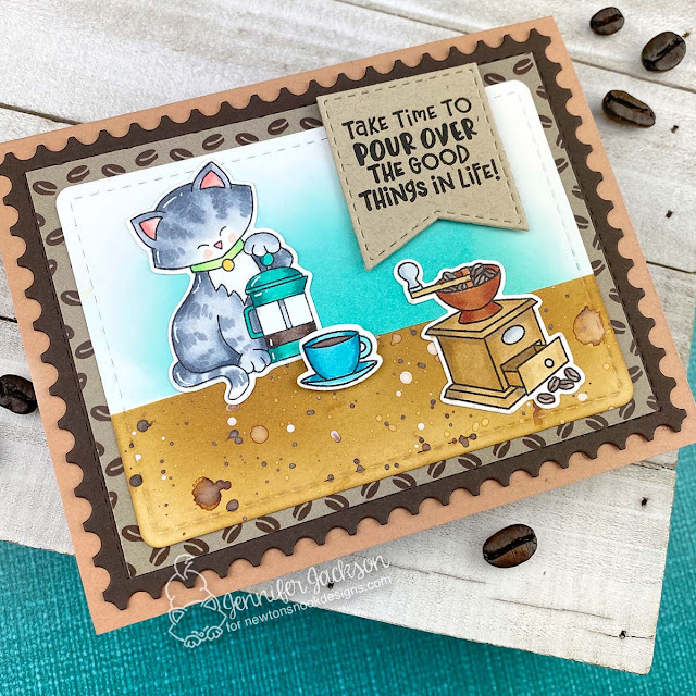 2023 National Coffee Day Blog Hop | Cat and Coffee Card by Jennifer Jackson | Newton Loves Coffee Stamp Set, Time For Coffee Stamp Set and Coffee House Stories Paper Pad by Newton's Nook Designs #newtonsnook #handmade