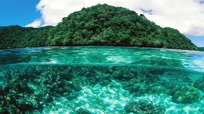 Stunning Half Underwater View Reefs and Island HD Desktop Wallpaper