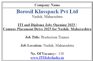 ITI and Diploma Jobs Opening in Borosil Klasspack Pvt Ltd | Campus Placement Drive 2023 for Nashik, Maharashtra