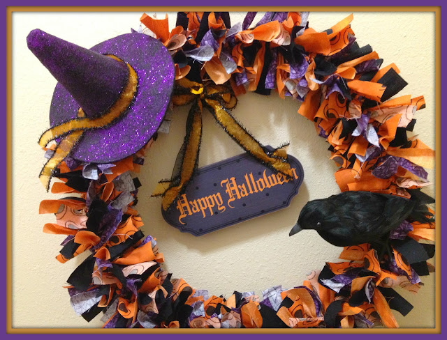 fabric strip wreath, Halloween, Witch Hat, Crow