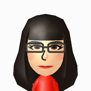 Female cartoon avatar with fair skin, brown eyes, black hair, glasses and a red shirt