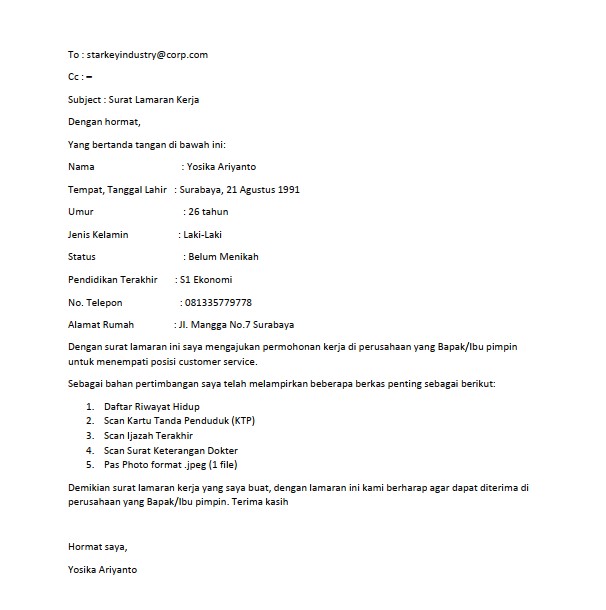 Contoh Surat Lamaran Kerja Email (via: mamikos.com)