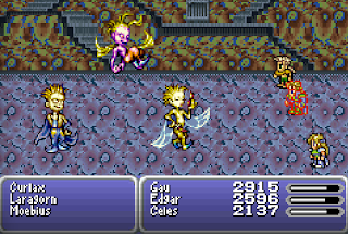 The party battles Curlax, Laragorn, and Moebius, the demons invading Cyan's Dreams in Final Fantasy VI.