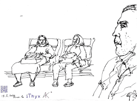 Портрет иностранца с маской на подбородке и двух девушек с вещами на коленях, сидящих в зале ожидания аэропорта Домодедово. Рисунок сделал художник Андрей Бондаренко @iThyx_AK