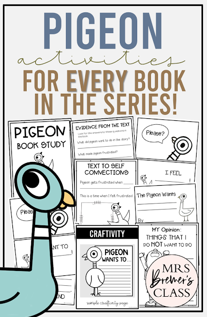 Pigeon book study activities unit with literacy printables, reading companion activities, and a craft for ANY Mo Willems Pigeon book in the series for Kindergarten and First Grade