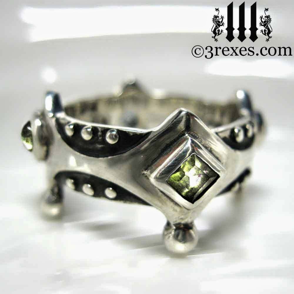 Medieval Gothic wedding Crown Ring with green peridot