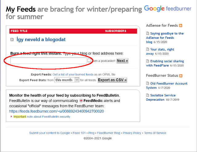 FeedBurner kezdőlap és blog hozzáadása