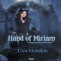 Hand of Miriam audiobook cover. An attractive woman in pseudo-Victorian dress emerges from the ruins.