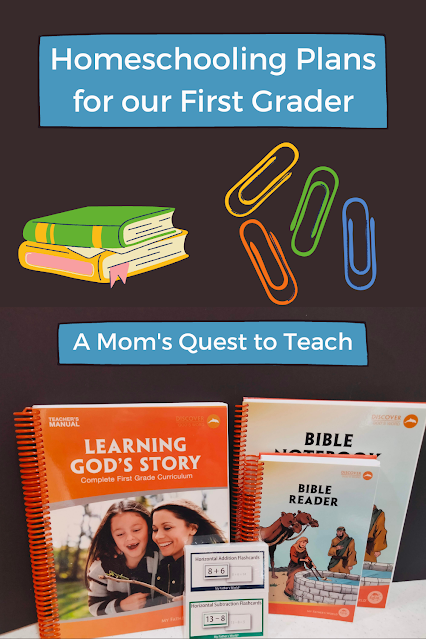 A Mom's Quest to Teach: Homeschooling Plans for our First Grader; book and paper clip clip art; photograph of Learning God's Story from My Father's World