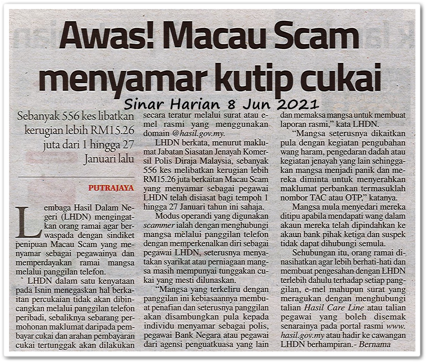 Awas! Macau Scam menyamar kutip cukai - Keratan akhbar Sinar Harian 8 Jun 2021