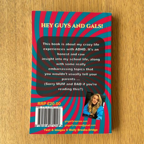 Back cover of me myself and adhd - blue and pink stripes with photo of blonde haired Molly