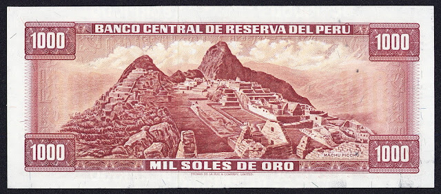 Peru Banknotes 1000 Soles de Oro banknote 1975 Panoramic view of Machu Picchu