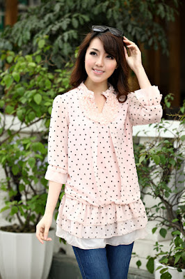 Model Blus Korea Lengan Panjang Motif Polkadot Sehari - ahri