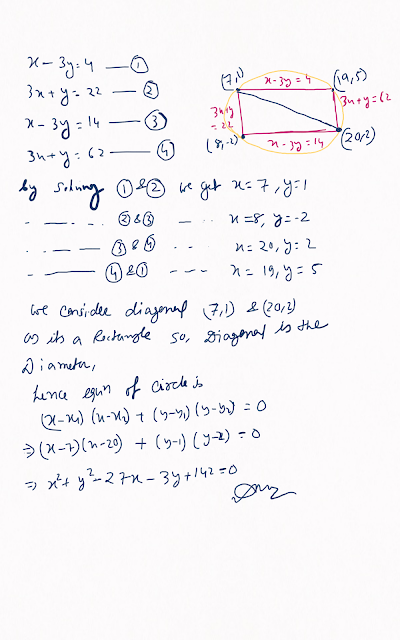 Find the equation of the circle circumscribing the rectangle whose sides are x−3y=4 ,  3x+y=22 , x−3y=14 , 3x+y=62 .