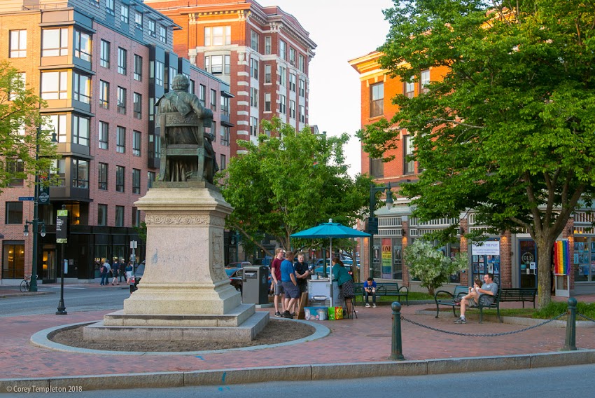 Portland, Maine USA June 2018 photo by Corey Templeton. Longfellow Square summer evening, including the Little Bee Honey Ice Cream cart.