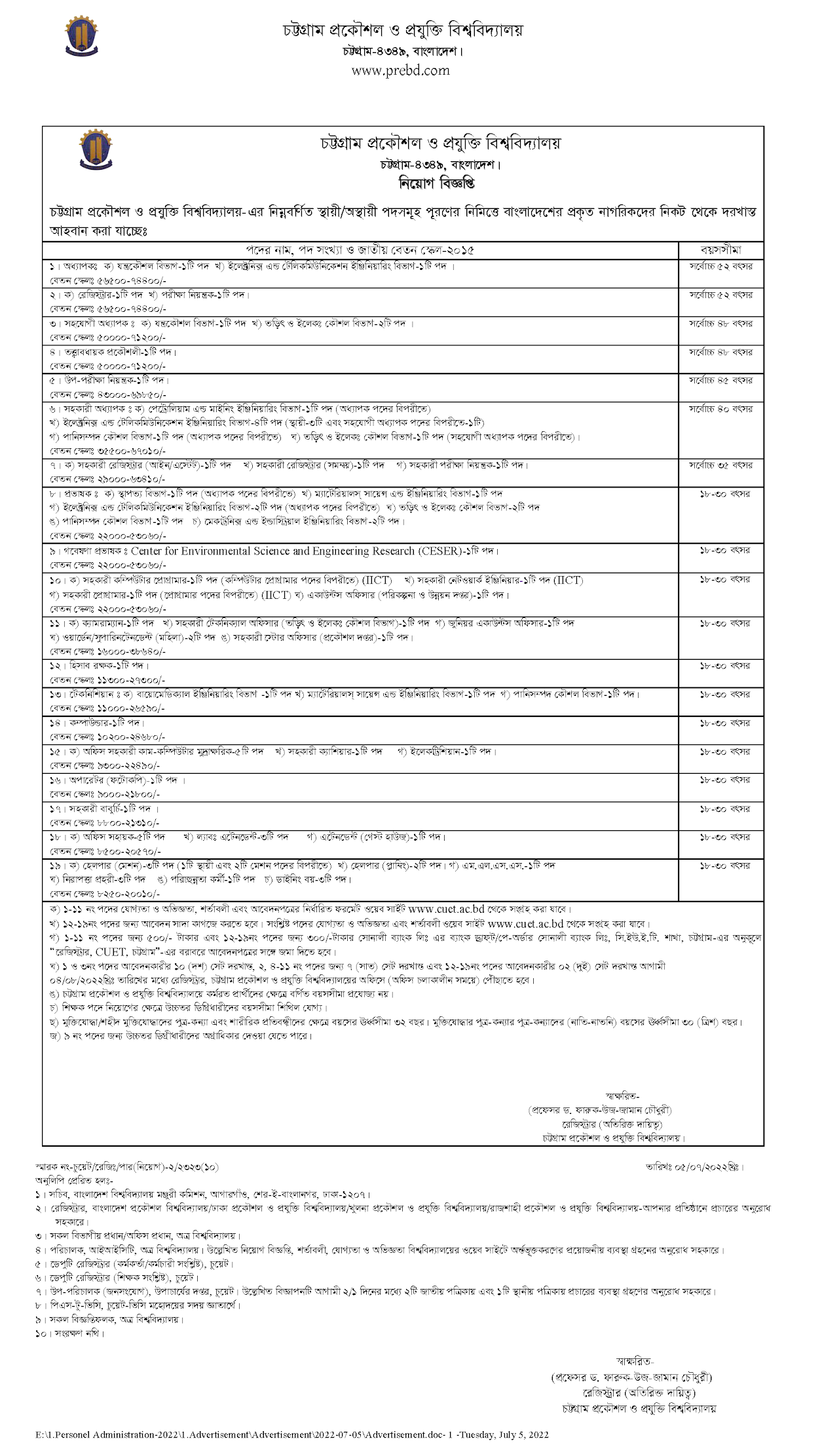চট্টগ্রাম প্রকৌশল ও প্রযুক্তি বিশ্ববিদ্যালয় (চুয়েট) নিয়োগ বিজ্ঞপ্তি ২০২২