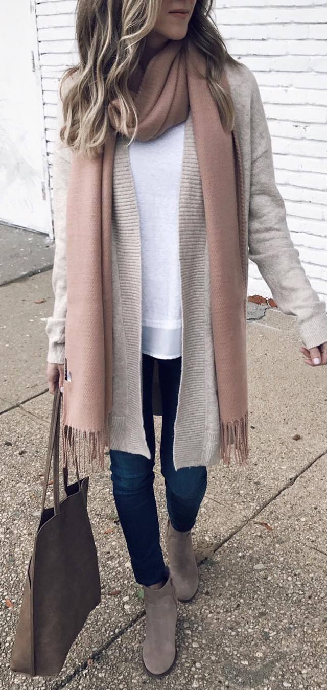 how to wear a scarf : knit cardi + white top + bag + skinny jeans + boots