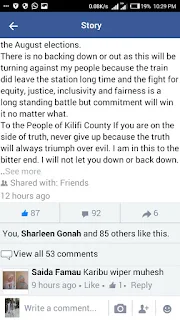 Hon Kennedy Nyale posting about ODM leaders planning to rig Nomination elections. PHOTO courtesy