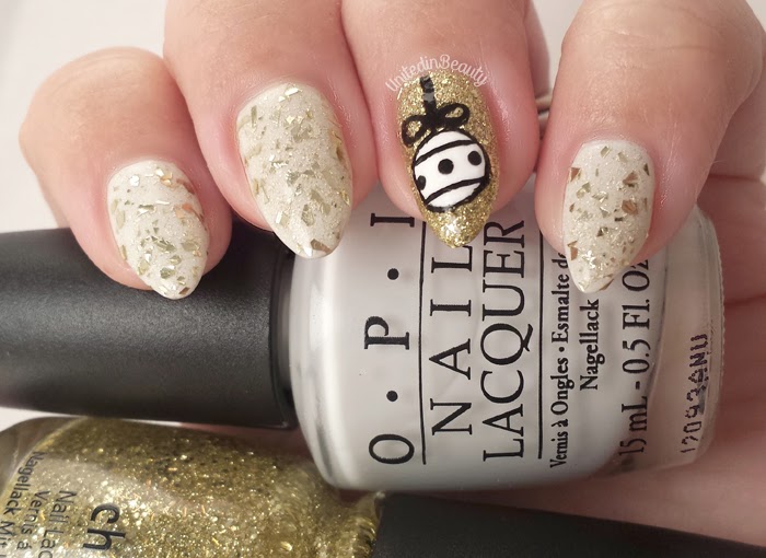 White & Gold Nails with Handpainted Ornament by @unitedinbeauty