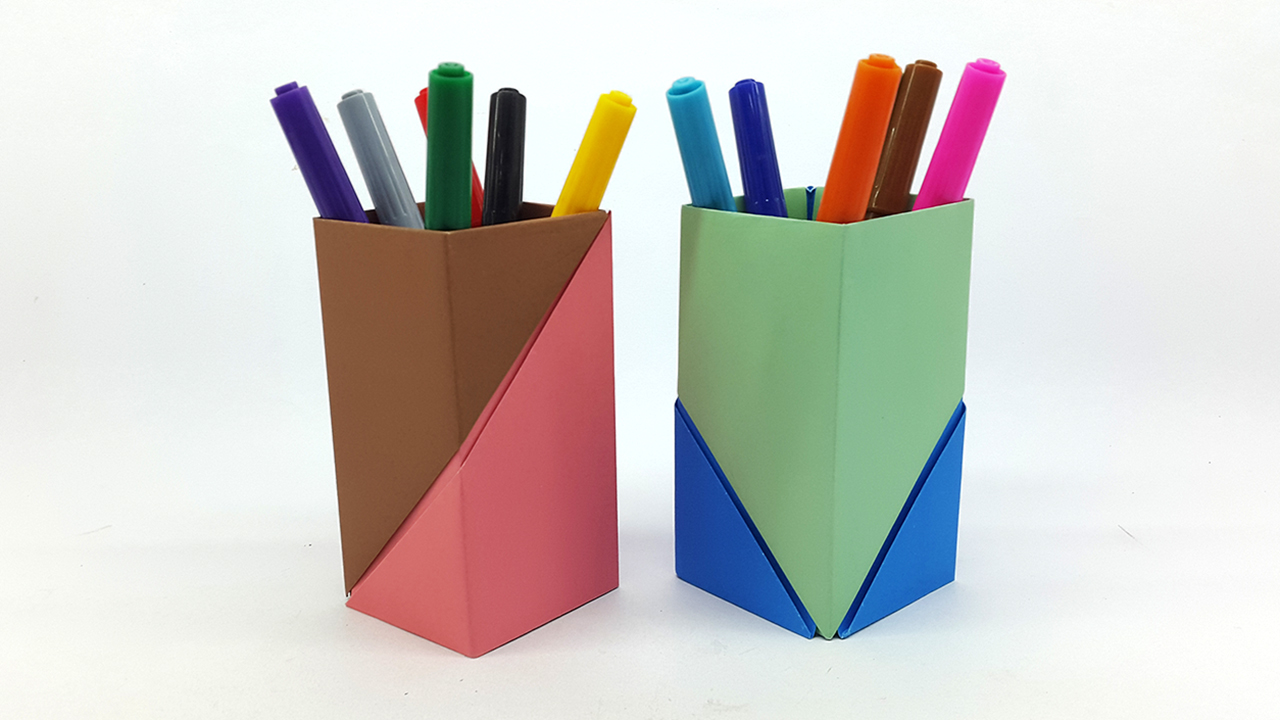 Colors Paper: How to make Pen Stand (Origami Pen Holder) - Pencil