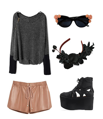 grungy zip jumper,nude leather gym shorts, cut out jeffrey campbell platform boots, orchid hairband, cat eye embellished sunglasses