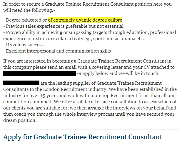 Graduate trainee recruitment consultant job advert with jargon