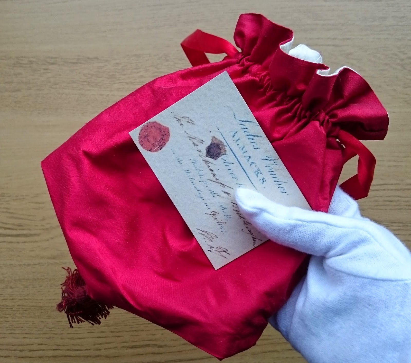 My Regency reticule with a printed copy of the voucher for Almack's  Used with kind permission STG Misc. Box 7 (Almack's Voucher),   © The Huntington Library, San Marino, CA