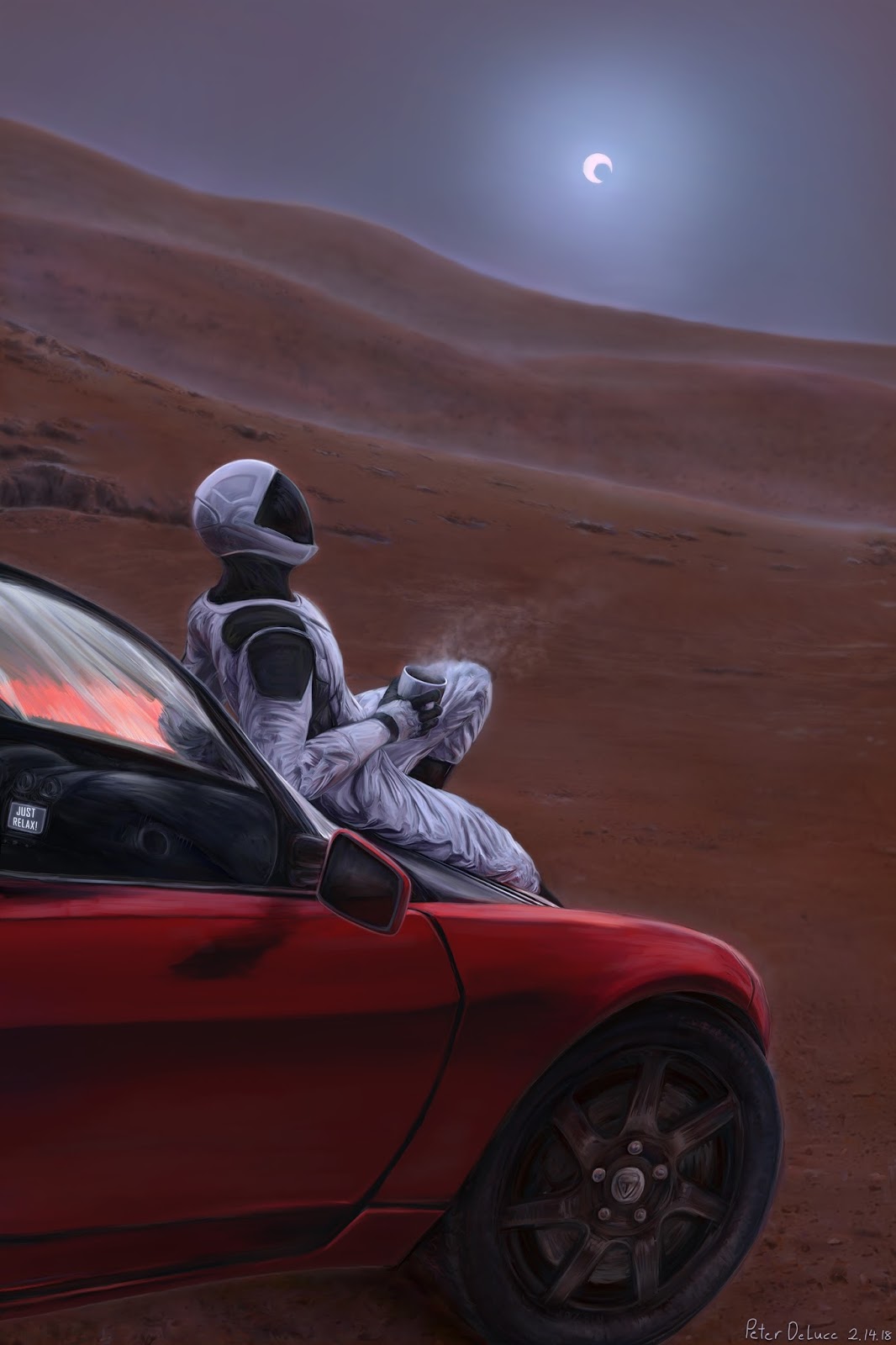 Starman with his Tesla Roadster on Mars by Peter DeLuce