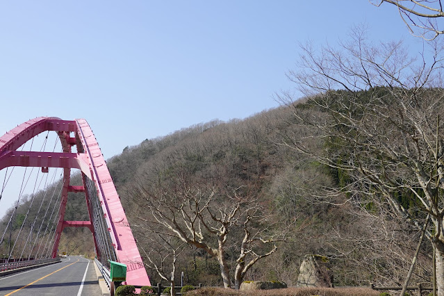 ３月１９日晴天の日の日南湖　赤い大きな本山橋
