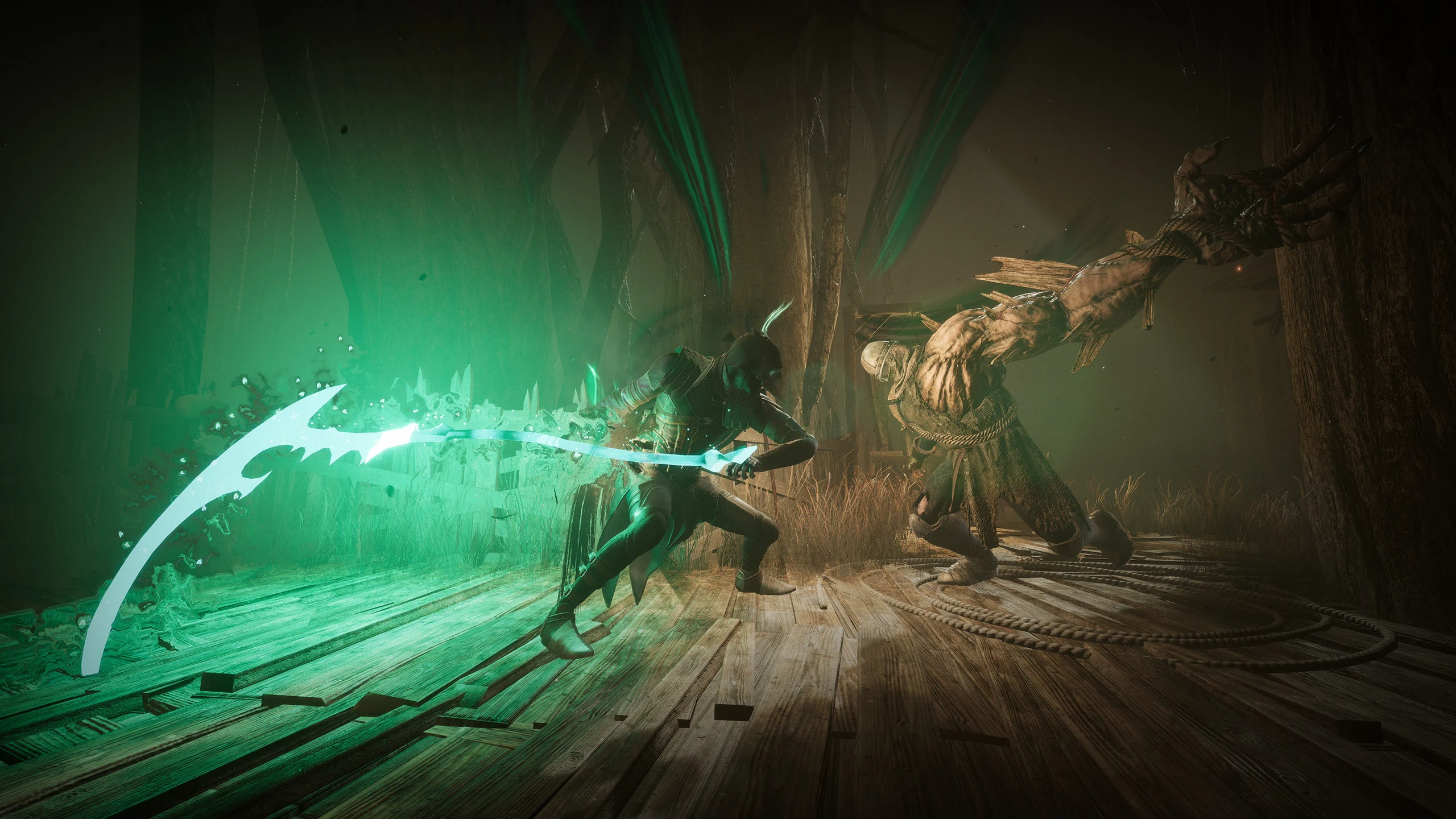 Corvus battles large enemy with scythe