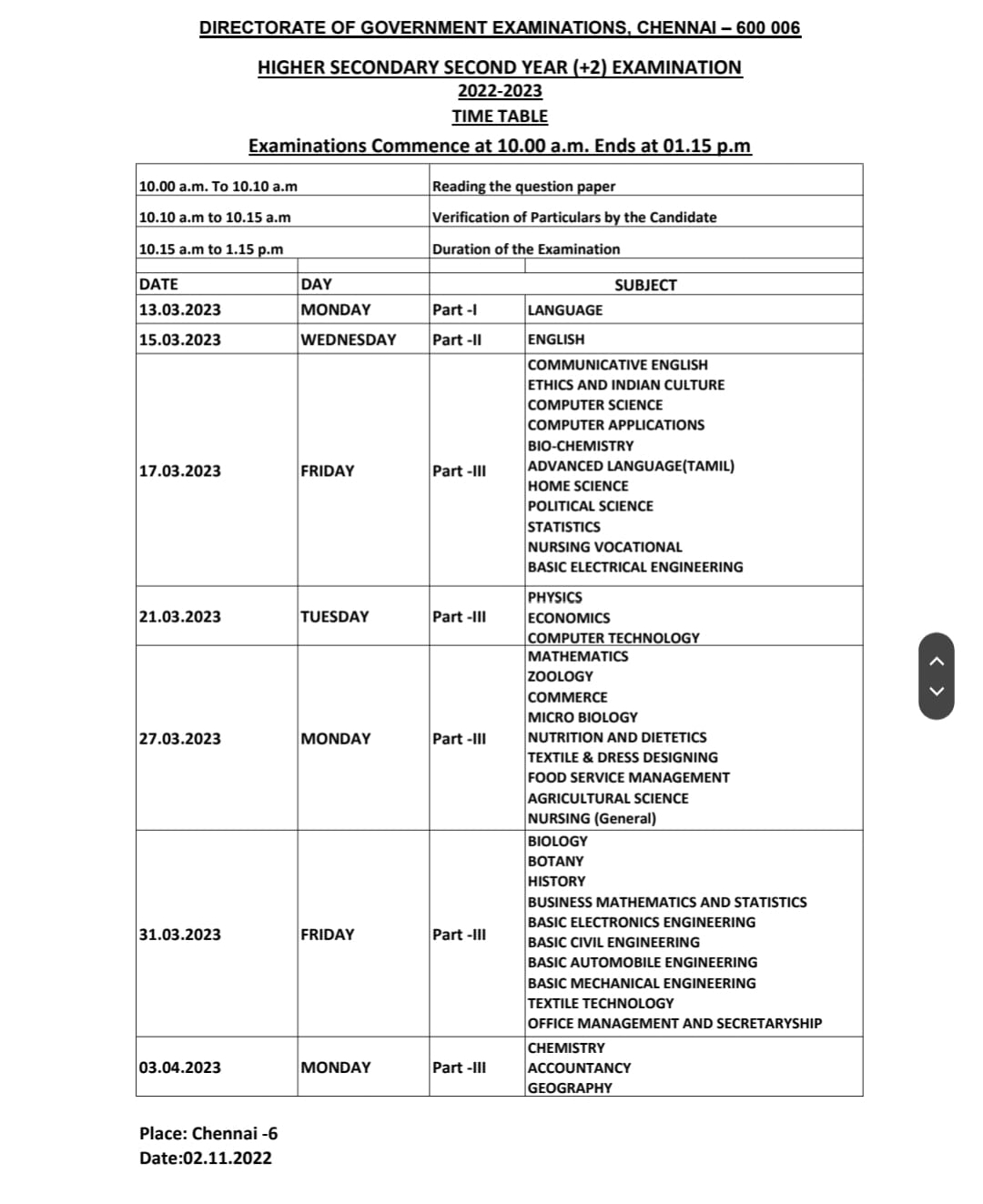 12th public exam time table