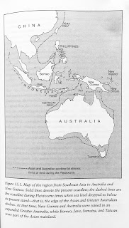 Page 299. Figure 15.1. Map of the region from Southeast Asia to Australia and New Guinea. Solid lines denote the present coastline; the dashed lines are the coastline during Pleistocene times when sea level dropped to below its present stand—that is, the edge of the Asian and Greater Australian shelves. At that time, New Guinea and Australia were joined in an expanded Greater Australia, while Borneo, Java, Sumatra, and Taiwan were part of the Asian mainland. 