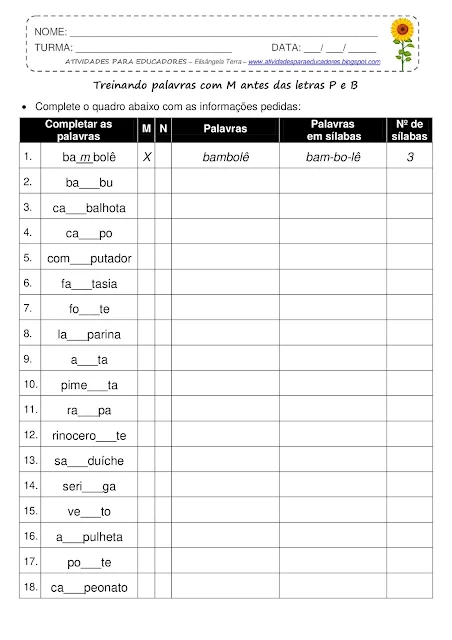 Complete o quadro com as informações pedidas - M antes de P e B jpg