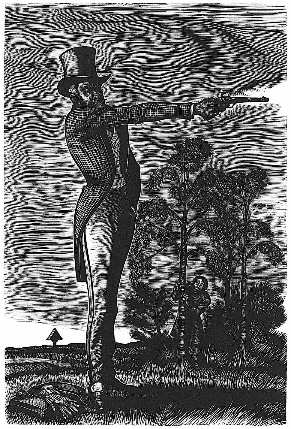 a Fritz Eichenberg illustration of a man firing a dueling pistol