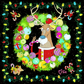 A gif with flashing Christmas lights featuring a cartoon deet inside an ornament wreath. The deer is sucking on a candy cane.