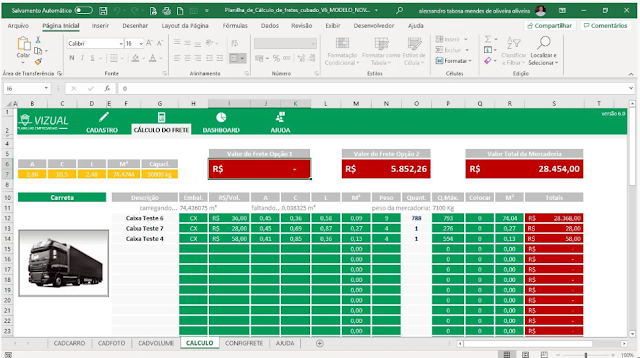 Planilha de Cálculo de Fretes Cubados por Caminhão em Excel