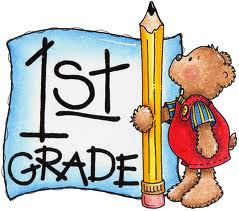 a teddy bear holding a pencil and a sign in the background that says first graders