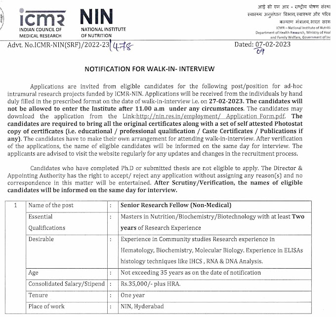 ICMR-NIN Hyderabad Biochemistry SRF Walk IN 