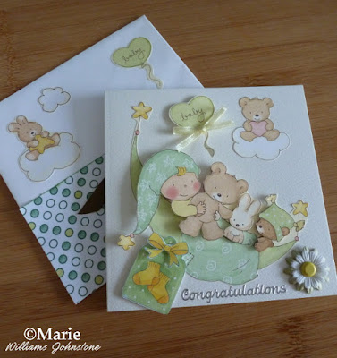 new baby handmade card example with teddy bear and rabbit green and yellow colors