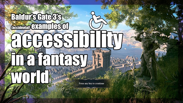 a screenshot of Baldur's Gate 3's main menu screen, a scene showing the city of baldur's gate and a stone statue sitting under some trees. The title of this post is overlayed onto the image with a small picture of the wheelchair symbol sitting on top of the word "accessibility".