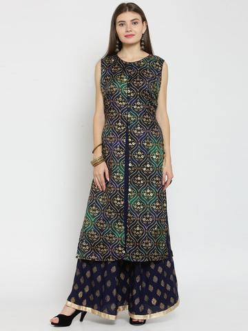  Castle Navy Blue Front Embellished Rayon Kurta