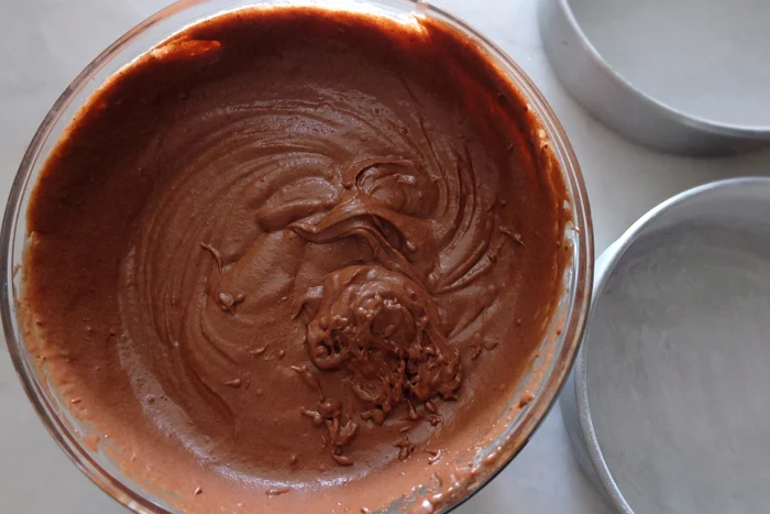 chocolate cake batter ready to pan